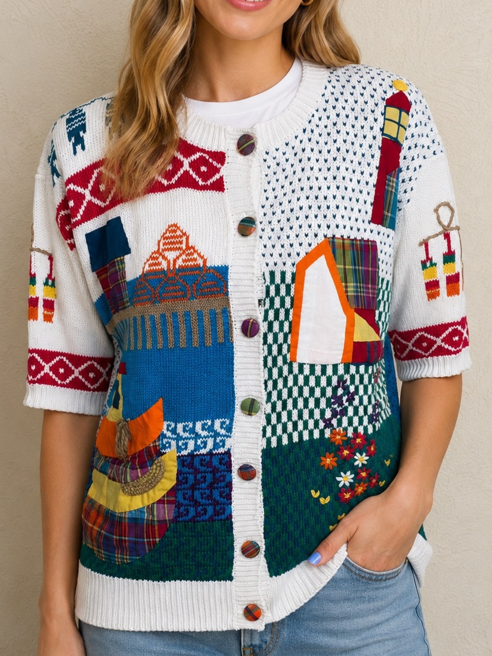 Susan Bristol Women Size S Vintage 1991 Nautical House Cardigan Sweater Hand Art